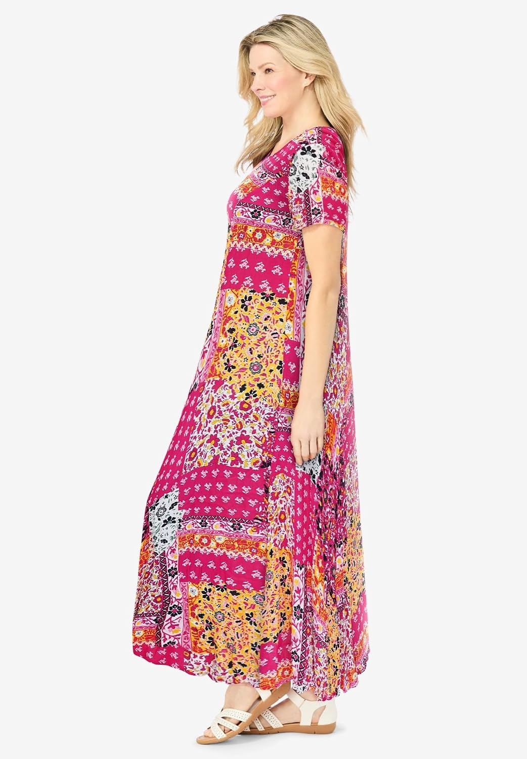 image:imageWoman Within Plus Size Printed ShortSleeve Crinkle Maxi DressRaspberry Sorbet Patched Paisley