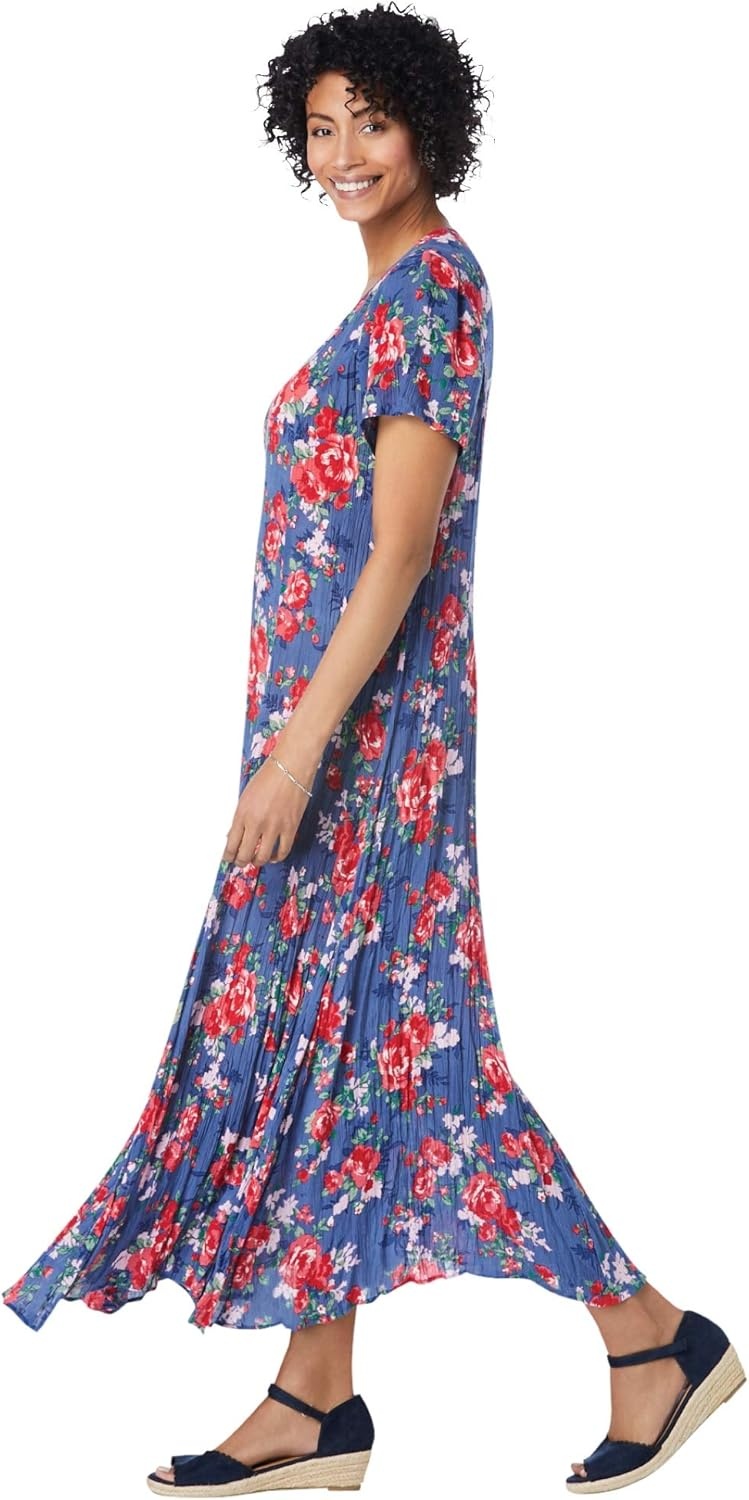 image:imageWoman Within Plus Size Printed ShortSleeve Crinkle Maxi DressSky Blue Paisley Patchwork