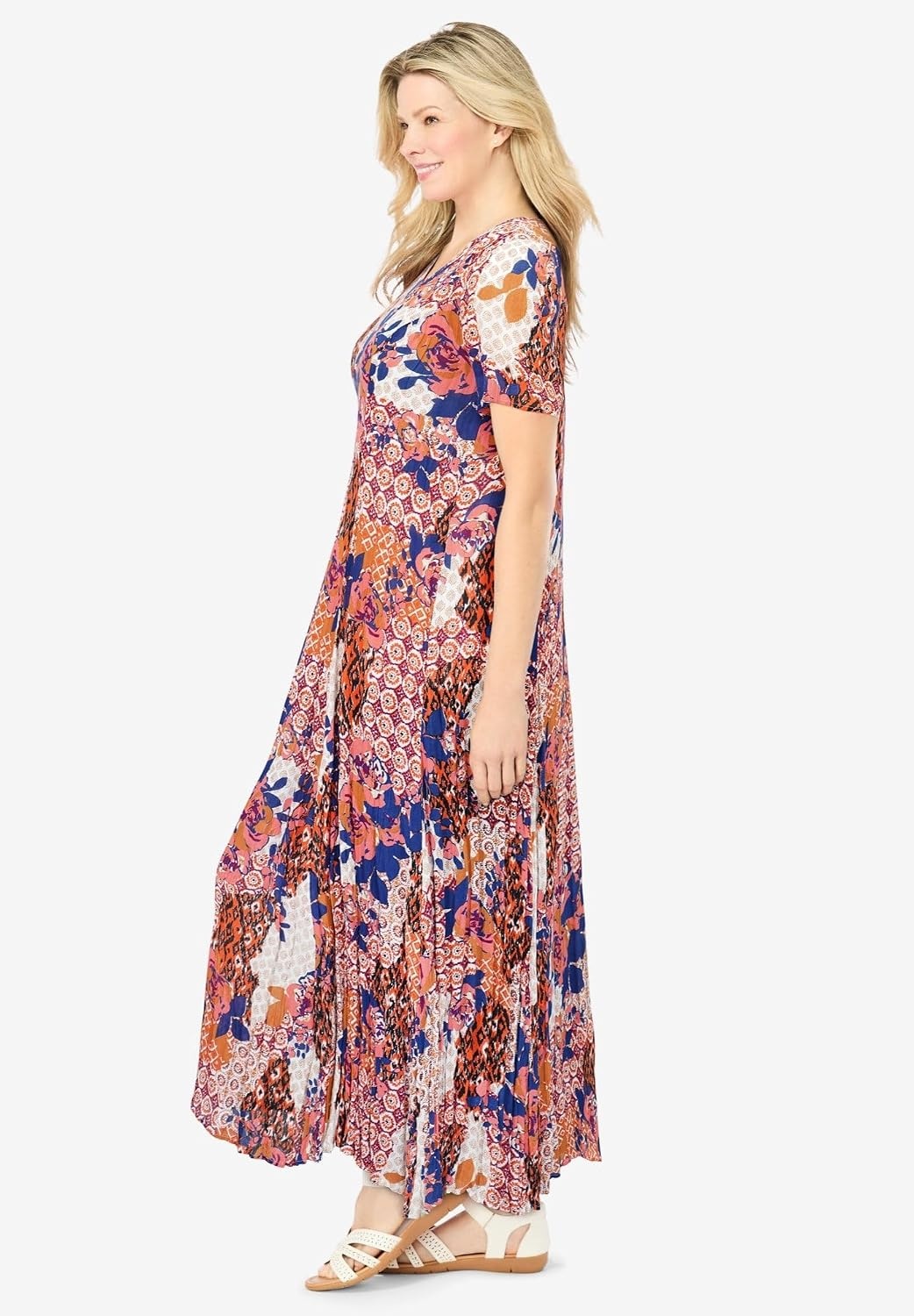 image:imageWoman Within Plus Size Printed ShortSleeve Crinkle Maxi DressSweet Coral Bloom