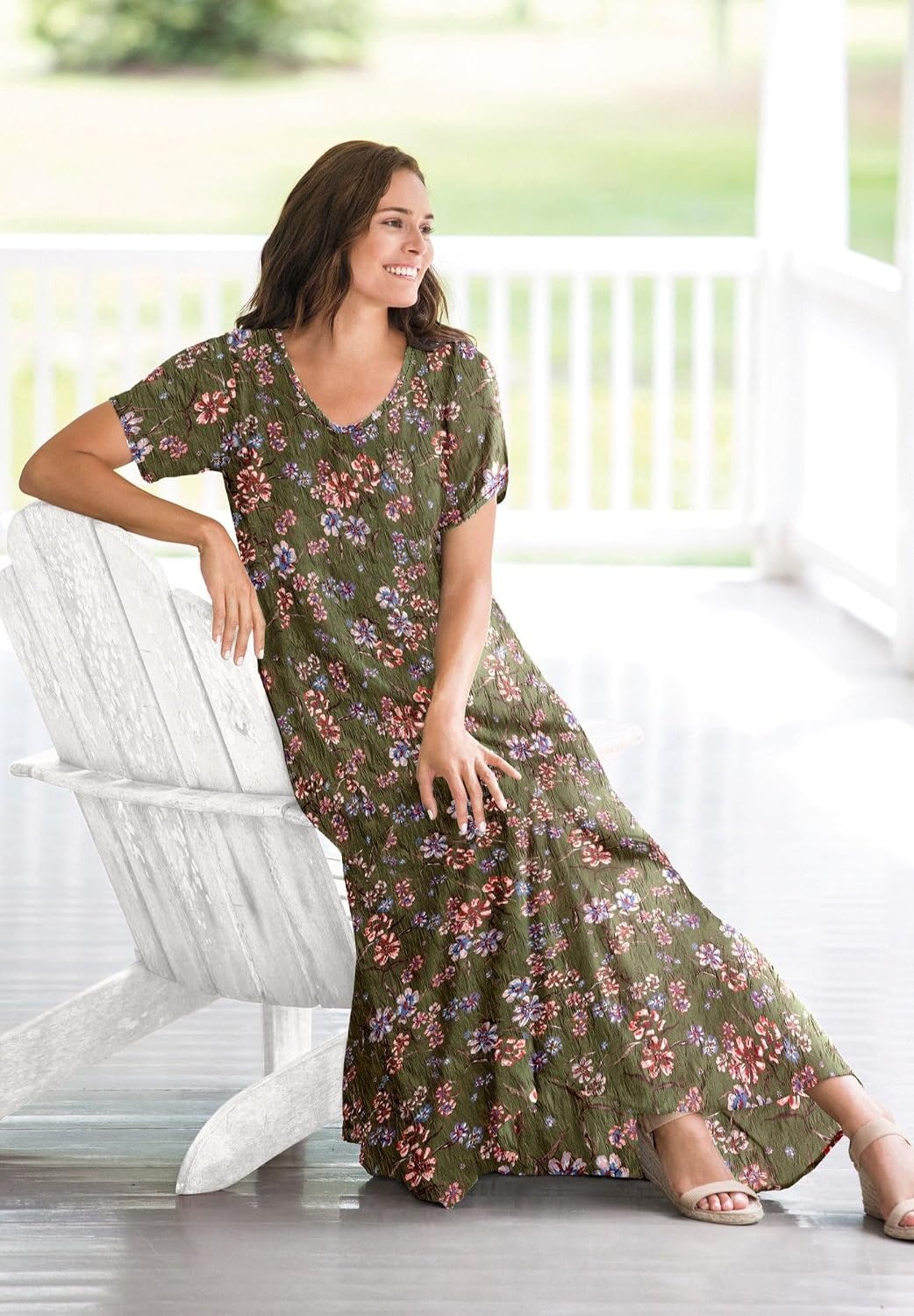 image:imageWoman Within Plus Size Printed ShortSleeve Crinkle Maxi DressVivid Red Bloom Flower