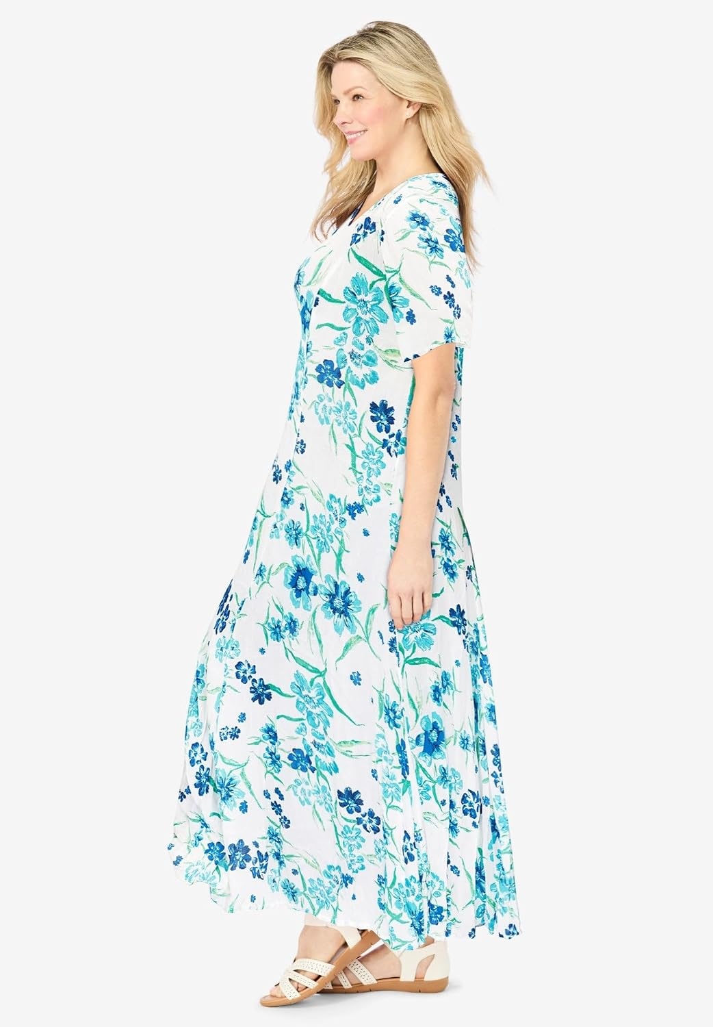 image:imageWoman Within Plus Size Printed ShortSleeve Crinkle Maxi DressWhite Blue Floral