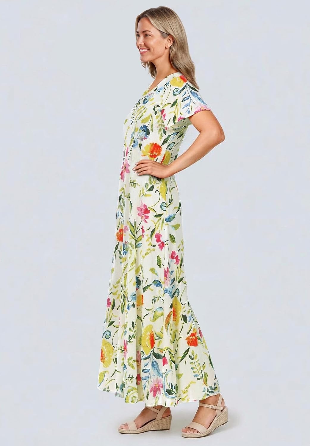 image:imageWoman Within Plus Size Printed ShortSleeve Crinkle Maxi DressWhite Multi Watercolor