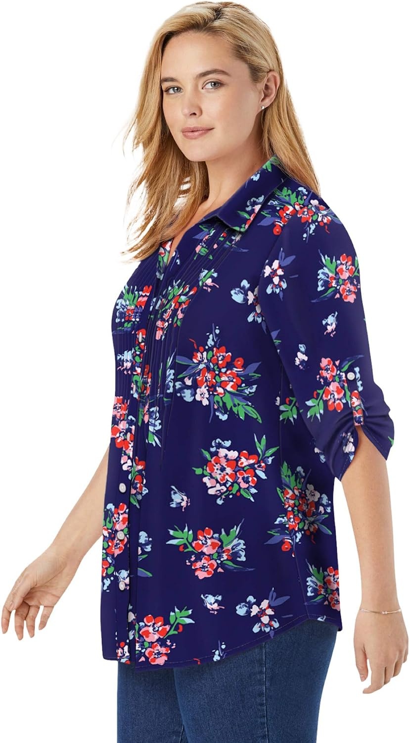 image:imageWoman Within Plus Size Rayon Pintucked Effortless Tunic BlouseBlack Short Strokes