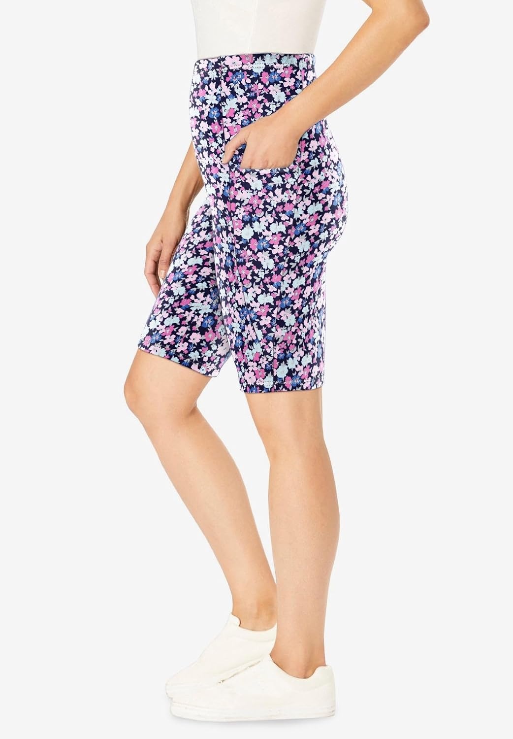 image:imageWoman Within Plus Size Stretch Cotton Pocket Bike ShortNavy Happy Ditsy