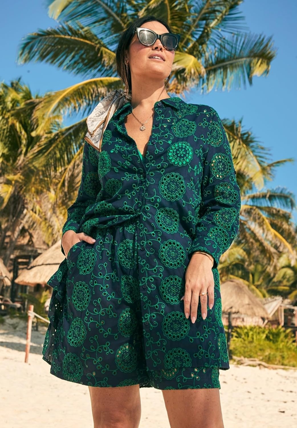 image:imageWomens Plus Size Eyelet CoverUp ShirtNavy Emerald Isles