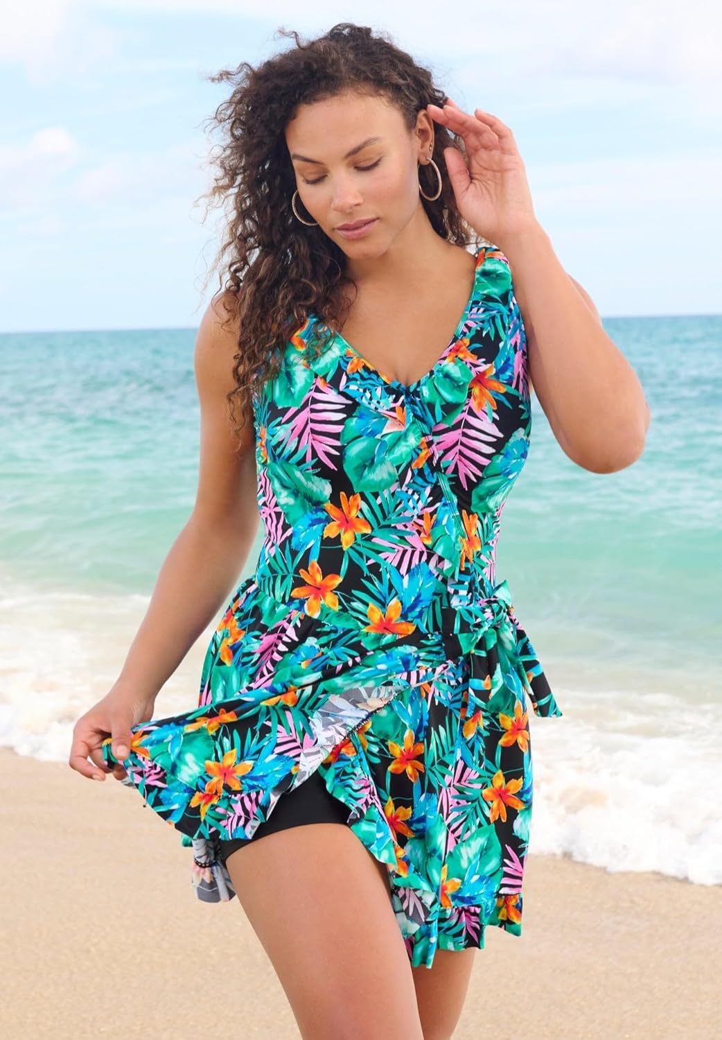 image:imageWomens Plus Size FauxWrap Swim DressBlack Hula Palm