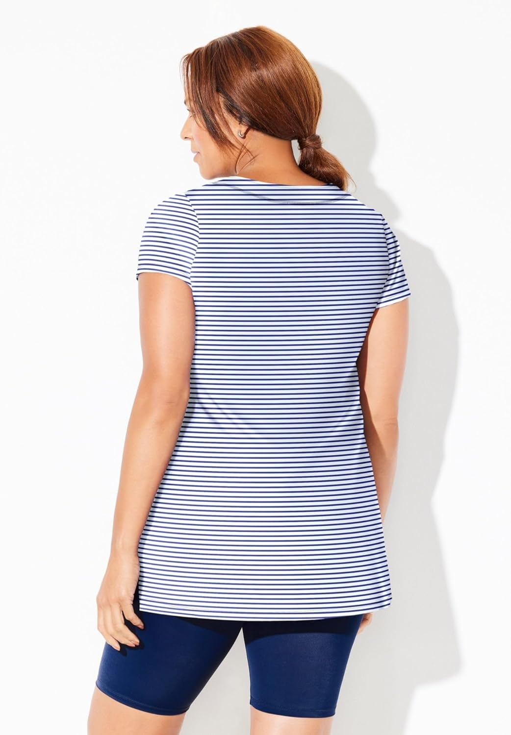 image:imageWomens Plus Size LongerLength NotchNeck ShortSleeve Swim TunicDeep Sea Stripe