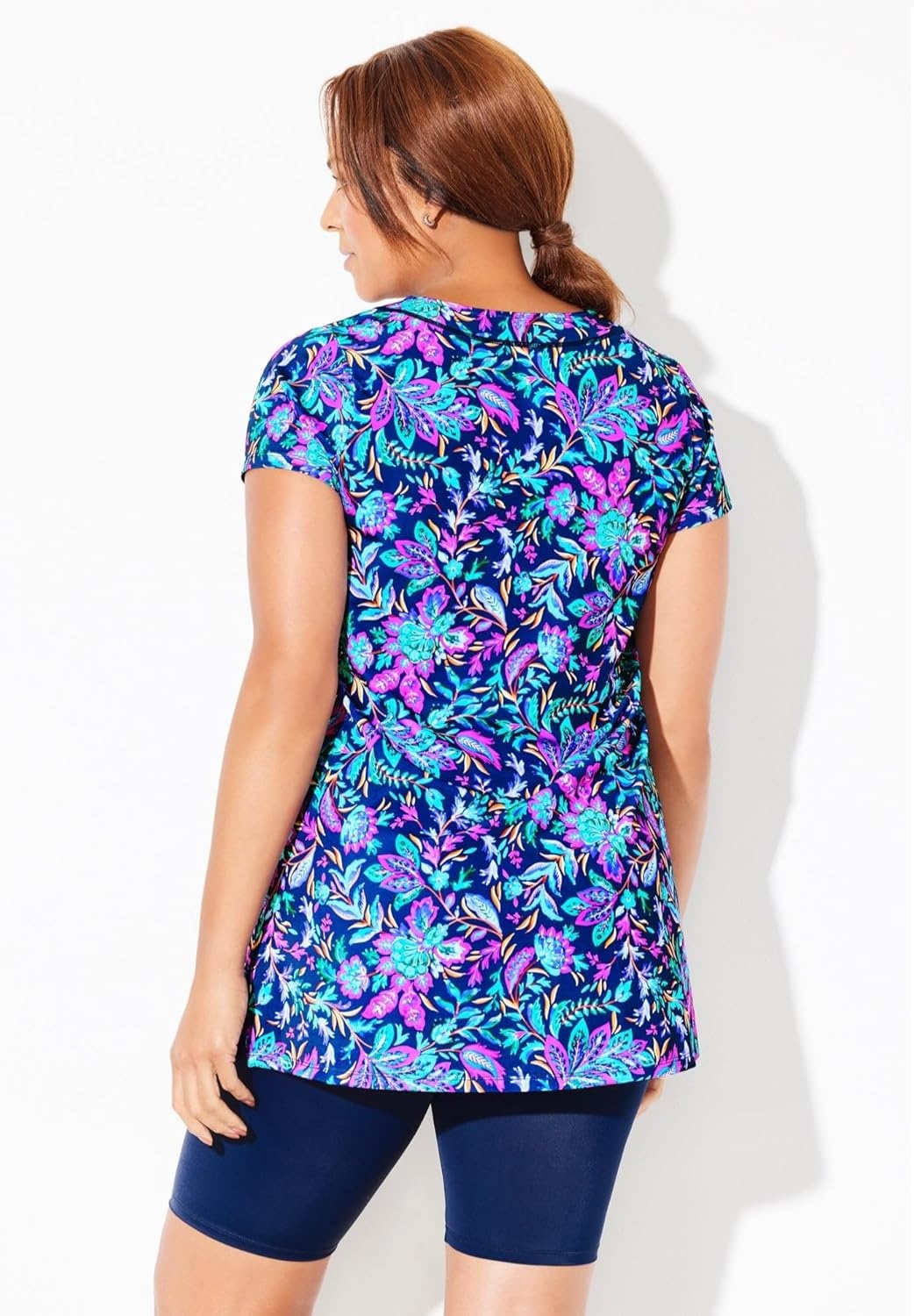 image:imageWomens Plus Size LongerLength NotchNeck ShortSleeve Swim TunicElectric Floral
