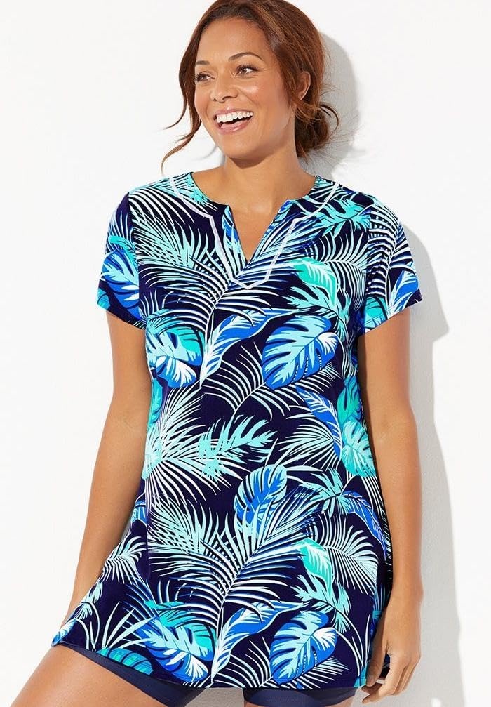 image:imageWomens Plus Size LongerLength NotchNeck ShortSleeve Swim TunicNavy Palm