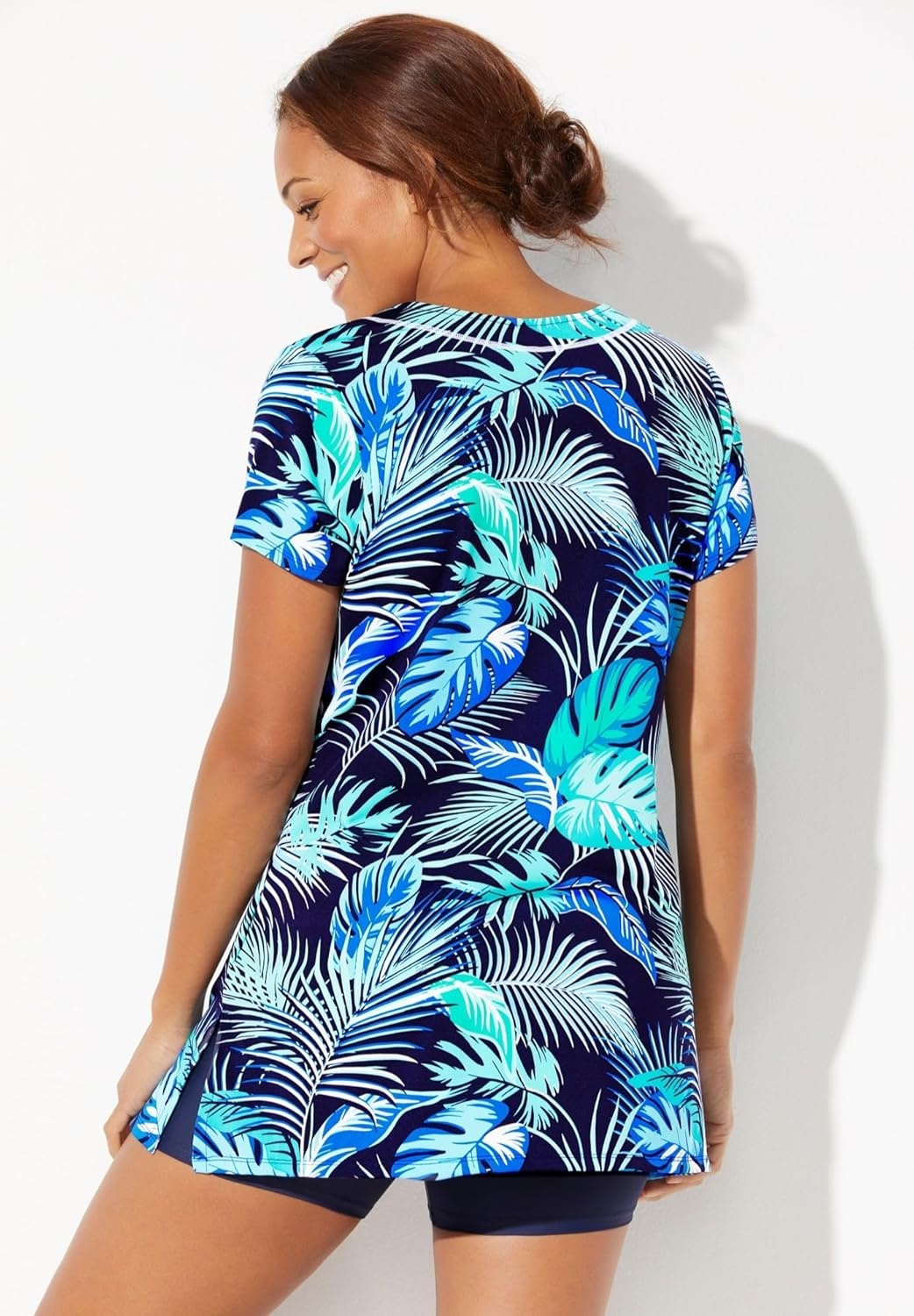 image:imageWomens Plus Size LongerLength NotchNeck ShortSleeve Swim TunicNavy Palm