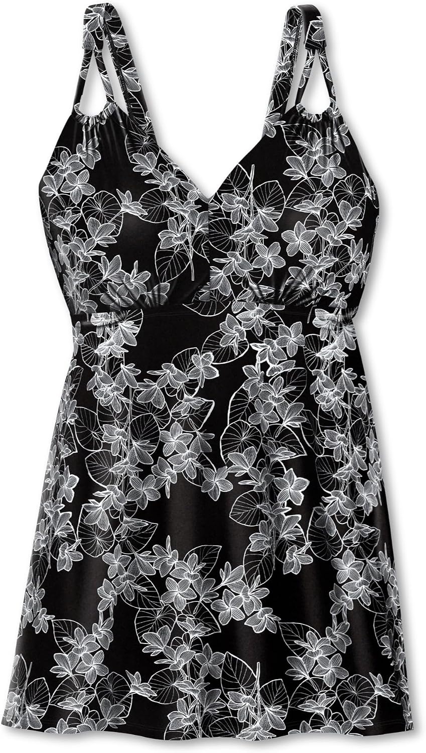 image:imageWomens Plus Size LoopStrap VNeck Tummy Control TwoPiece Swim DressBlack Stencil Leaf Print
