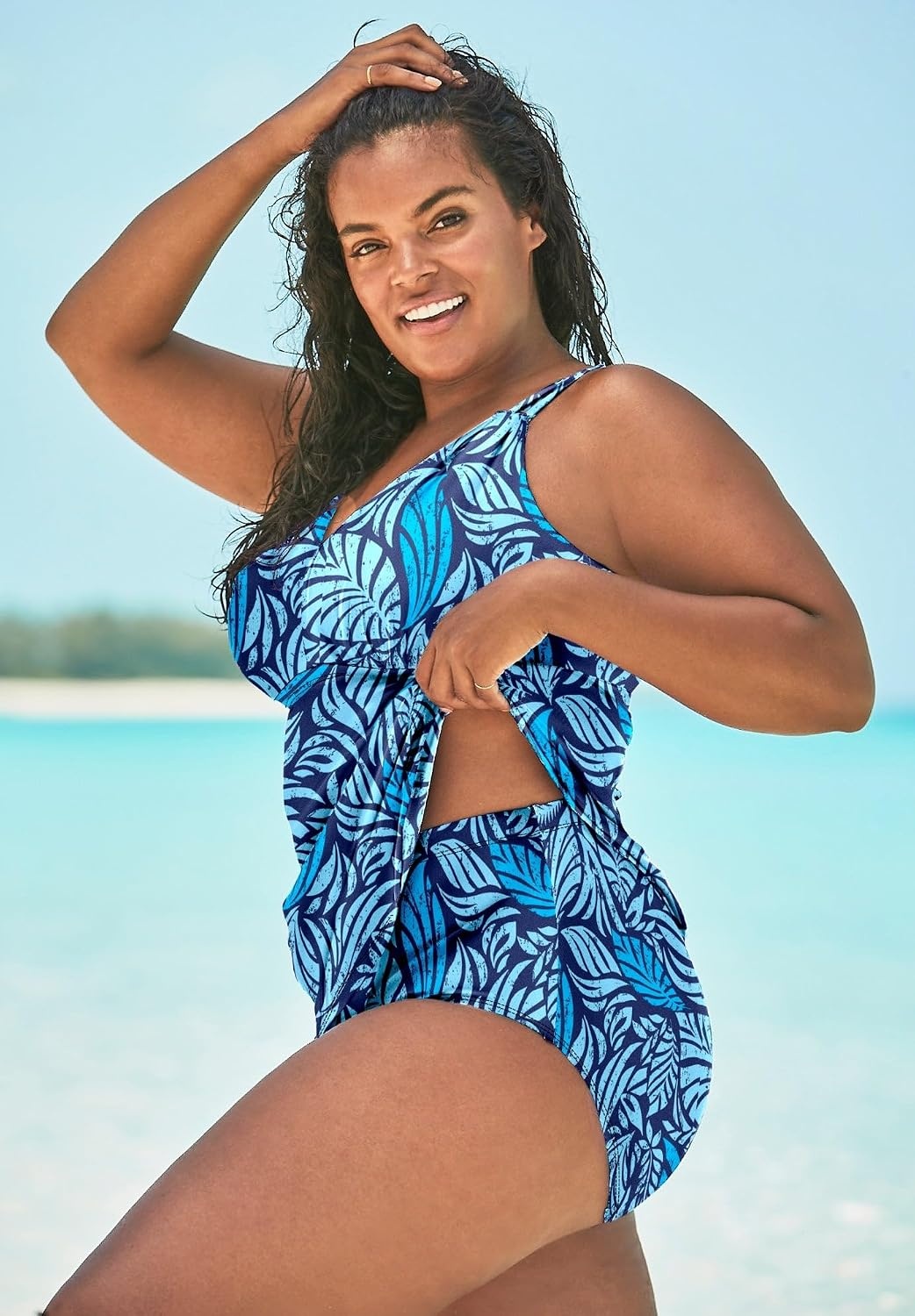 image:imageWomens Plus Size LoopStrap VNeck Tummy Control TwoPiece Swim DressDeep Blue Leaf