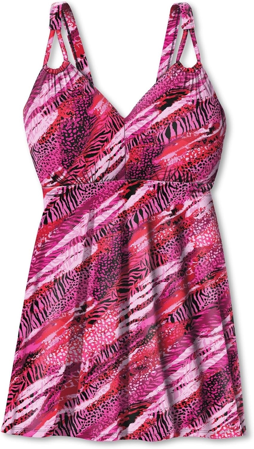image:imageWomens Plus Size LoopStrap VNeck Tummy Control TwoPiece Swim DressMerlot Mixed Animal