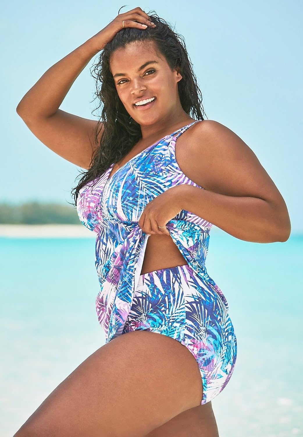 image:imageWomens Plus Size LoopStrap VNeck Tummy Control TwoPiece Swim DressMulti Color Leaves