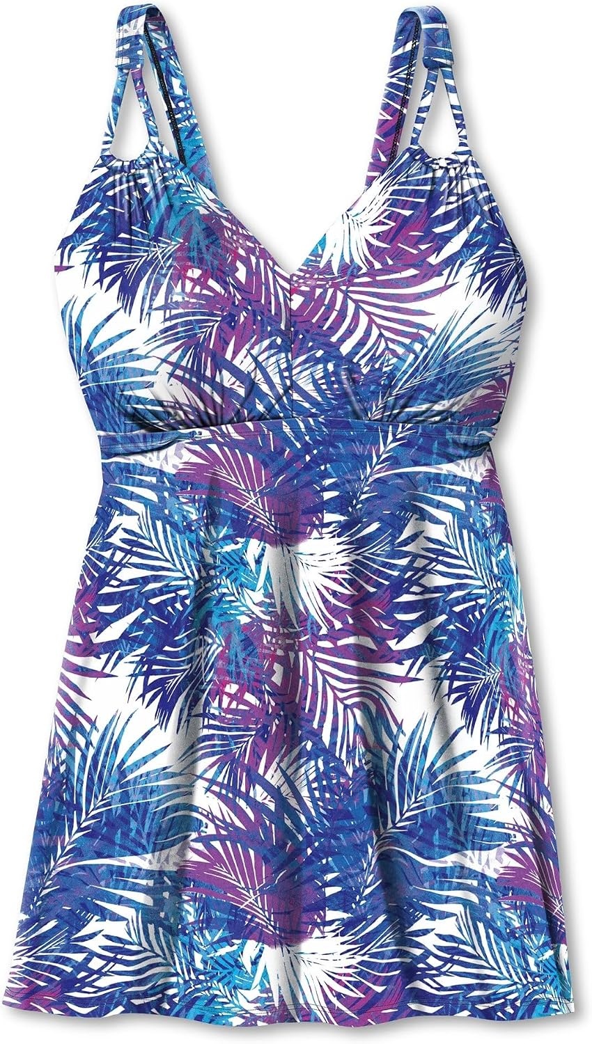 image:imageWomens Plus Size LoopStrap VNeck Tummy Control TwoPiece Swim DressMulti Color Leaves