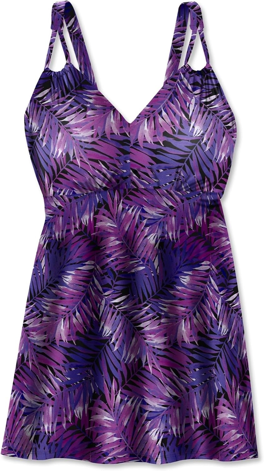 image:imageWomens Plus Size LoopStrap VNeck Tummy Control TwoPiece Swim DressPalmtastic Purple