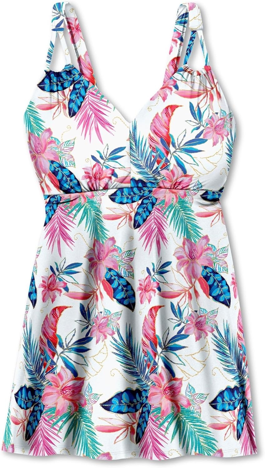 image:imageWomens Plus Size LoopStrap VNeck Tummy Control TwoPiece Swim DressPink Lemonade Tropical