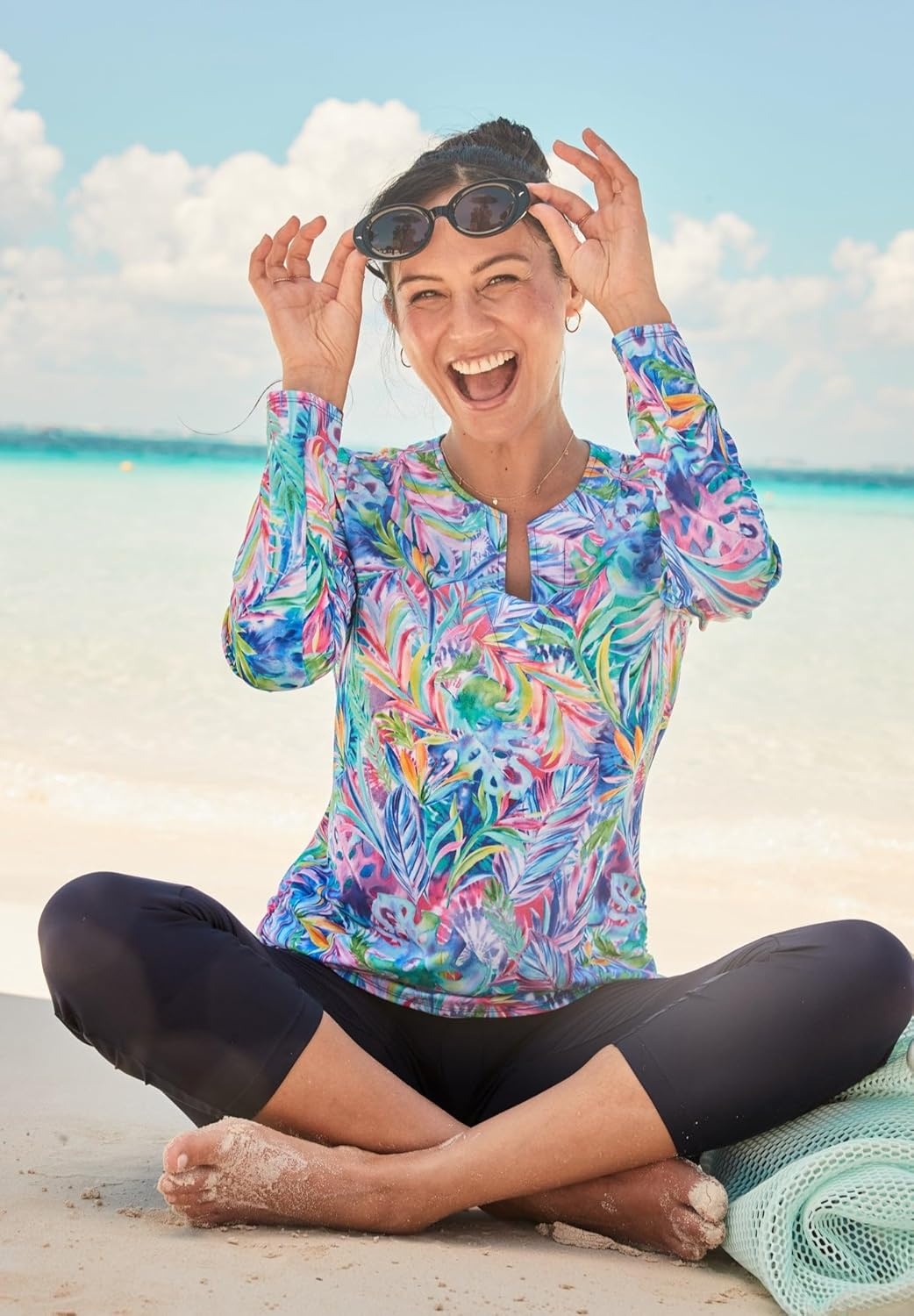 image:imageWomens Plus Size SplitNeck Long Sleeve Swim Tee with Builtin BraRoyal Oasis Animal