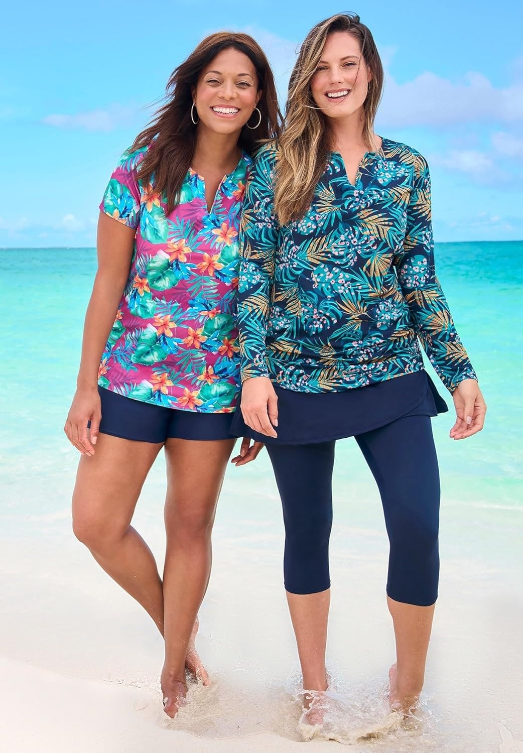 image:imageWomens Plus Size SplitNeck Long Sleeve Swim Tee with Builtin BraVibrant Palm Pink