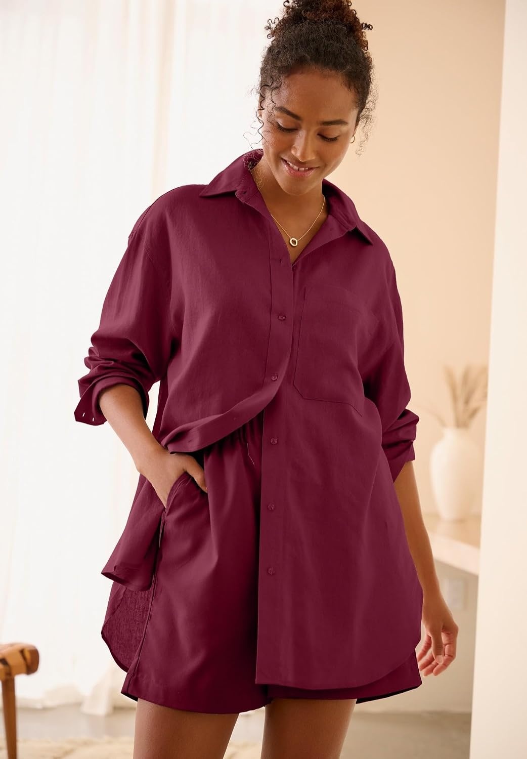 image:imageellos Plus Size LinenBlend PullOn Elastic Waist ShortsMerlot