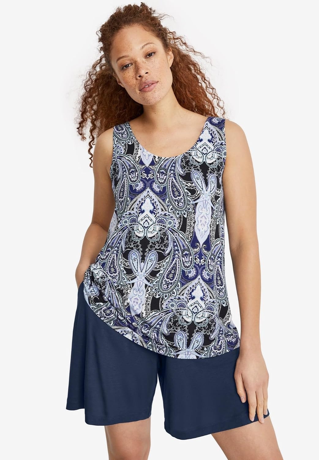 image:imageellos Plus Size Relaxed Fit Elastic Waistband Stretch Jersey ShortsBlack Tropical Print