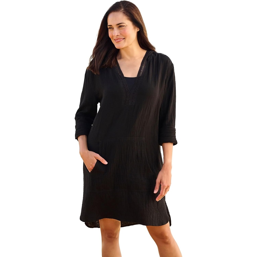 image:imageSwimsuits For All Swim 365 Womens Plus Size Embroidered Cotton Gauze CoverUpBlack