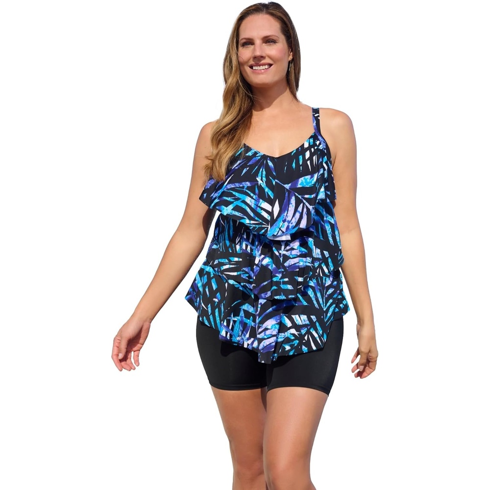 image:imageSwimsuits For All Swim 365 Womens Plus Size LongerLength VNeck TieredRuffle Tummy Control Tankini TopBlue Painterly Leaves