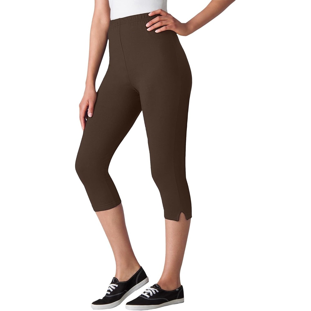 image:imageWoman Within Plus Size Capri PullOn Stretch Knit Cotton Spandex LeggingsChocolate