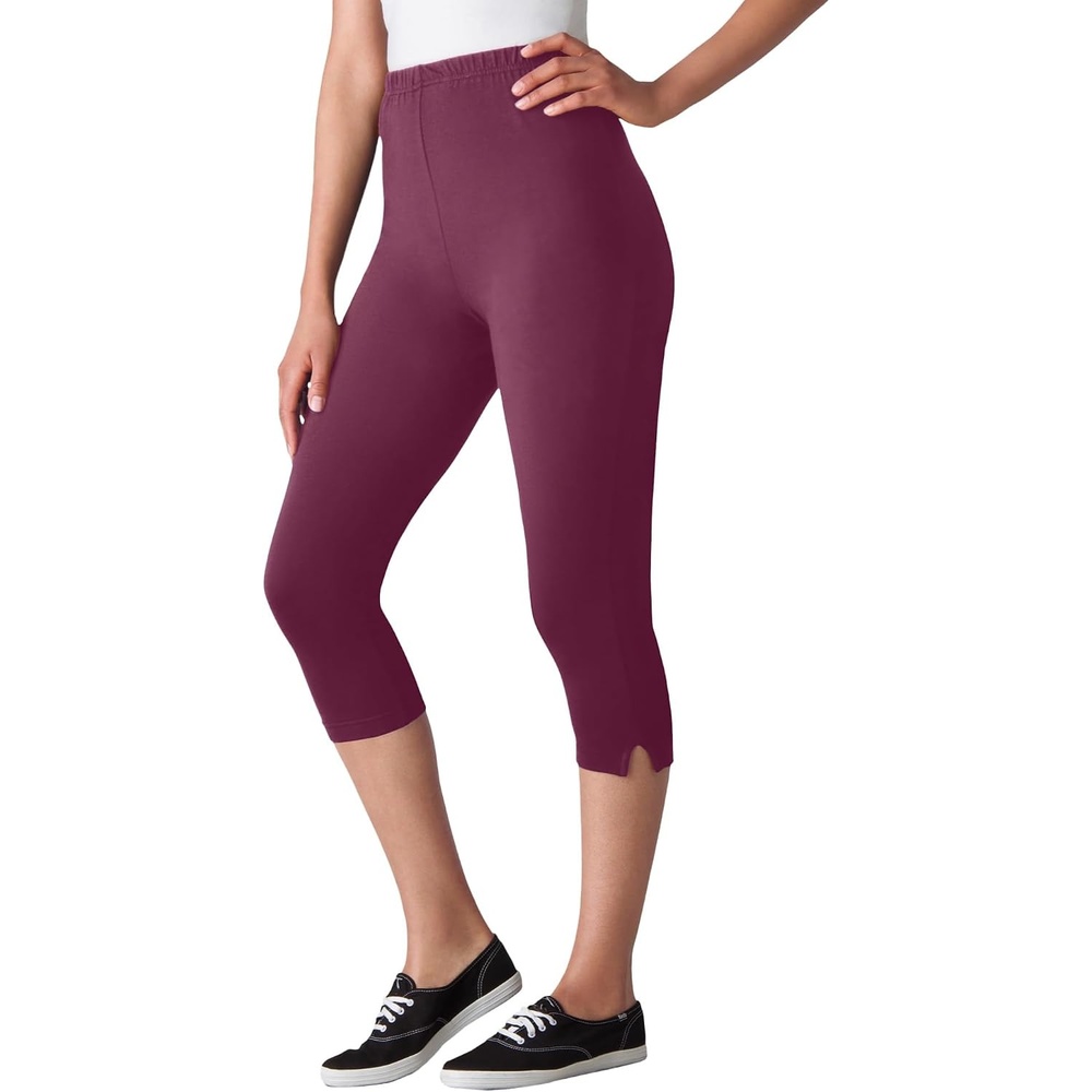 image:imageWoman Within Plus Size Capri PullOn Stretch Knit Cotton Spandex LeggingsDeep Claret