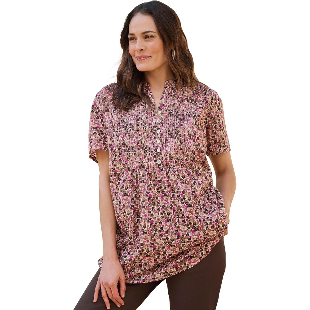 image:imageWoman Within Plus Size Pintucked HalfButton TunicChocolate Blooming Ditsy
