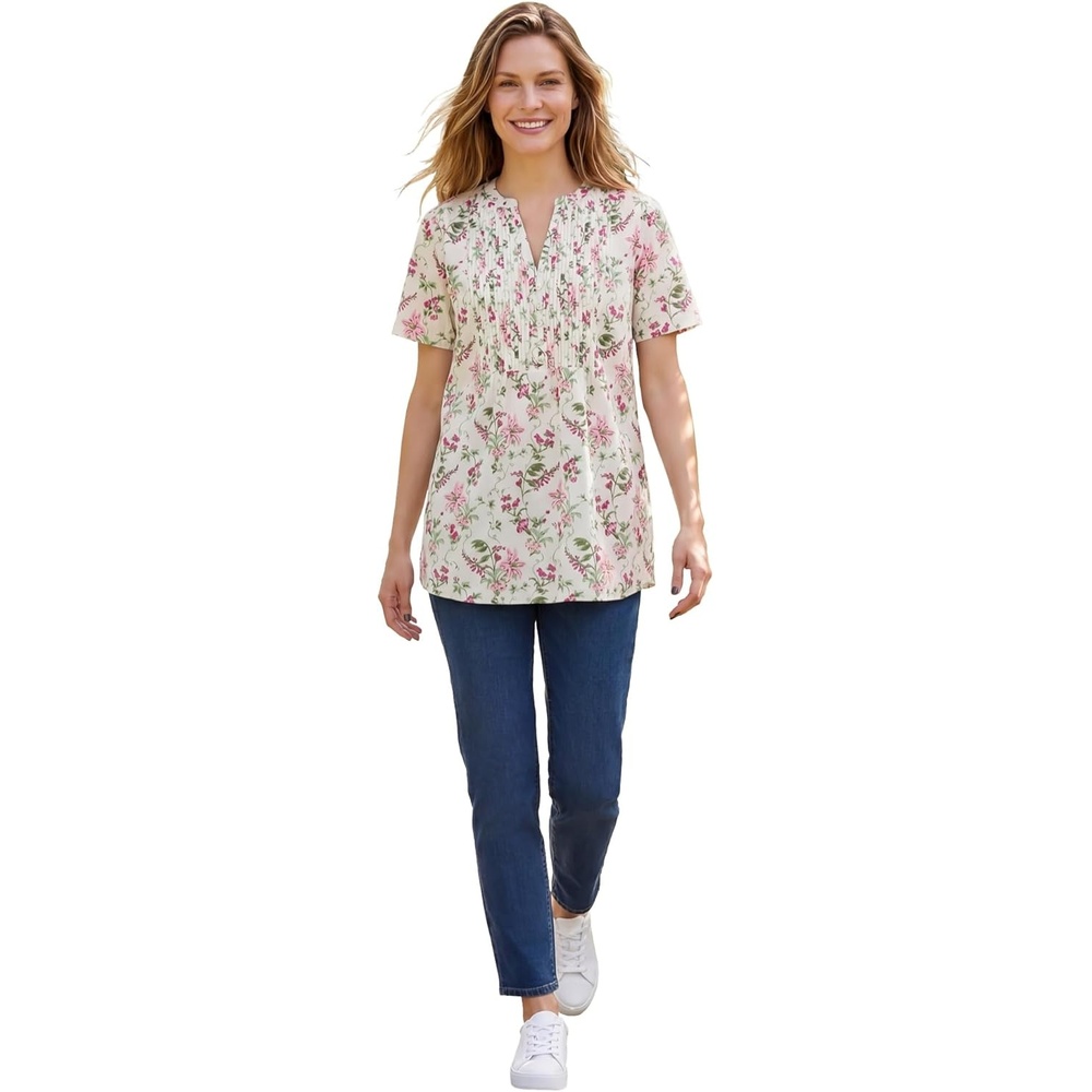 image:imageWoman Within Plus Size Pintucked HalfButton TunicPink Meadow Floral