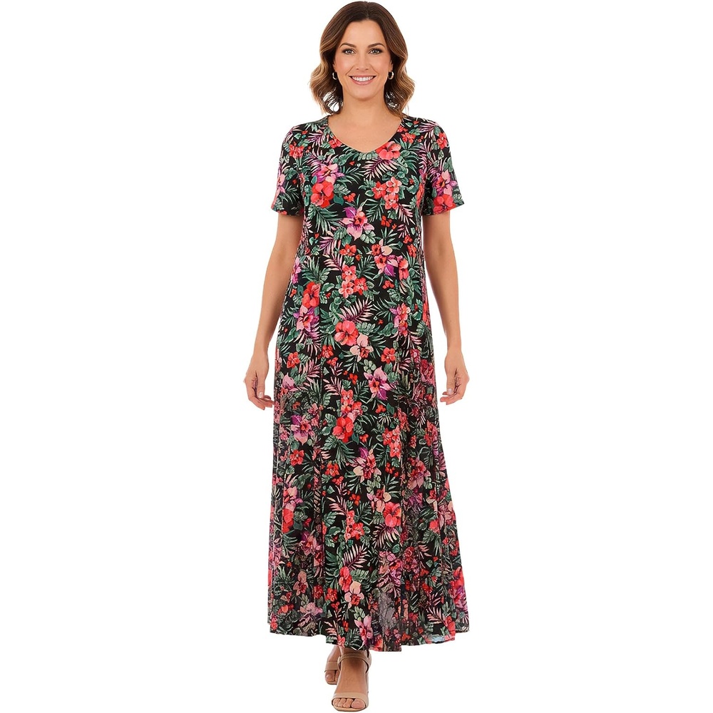image:imageWoman Within Plus Size Printed ShortSleeve Crinkle Maxi DressBlack Coral Paradise