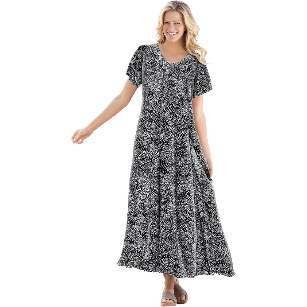 image:imageWoman Within Plus Size Printed ShortSleeve Crinkle Maxi DressBlack Ikat
