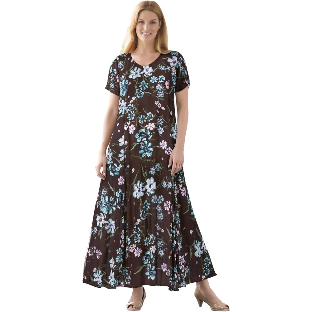 image:imageWoman Within Plus Size Printed ShortSleeve Crinkle Maxi DressChocolate Floral