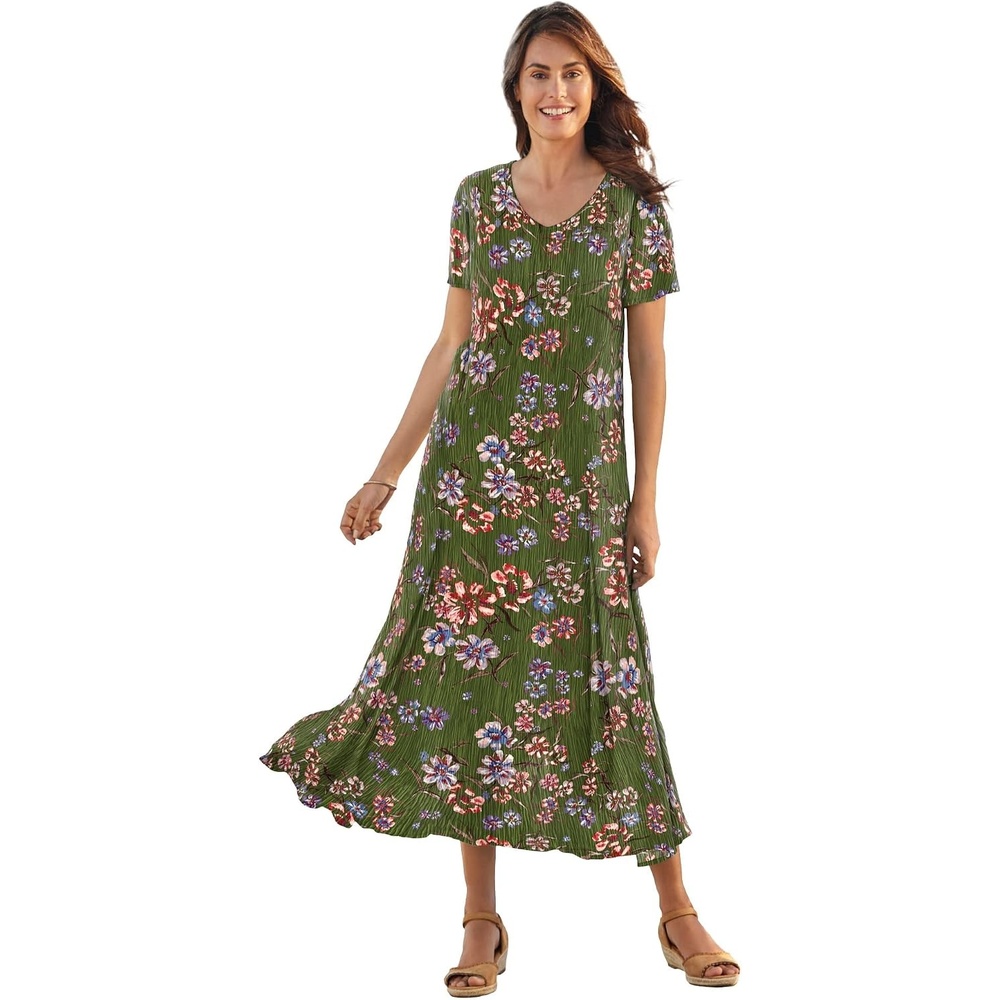 image:imageWoman Within Plus Size Printed ShortSleeve Crinkle Maxi DressDark Basil Floral