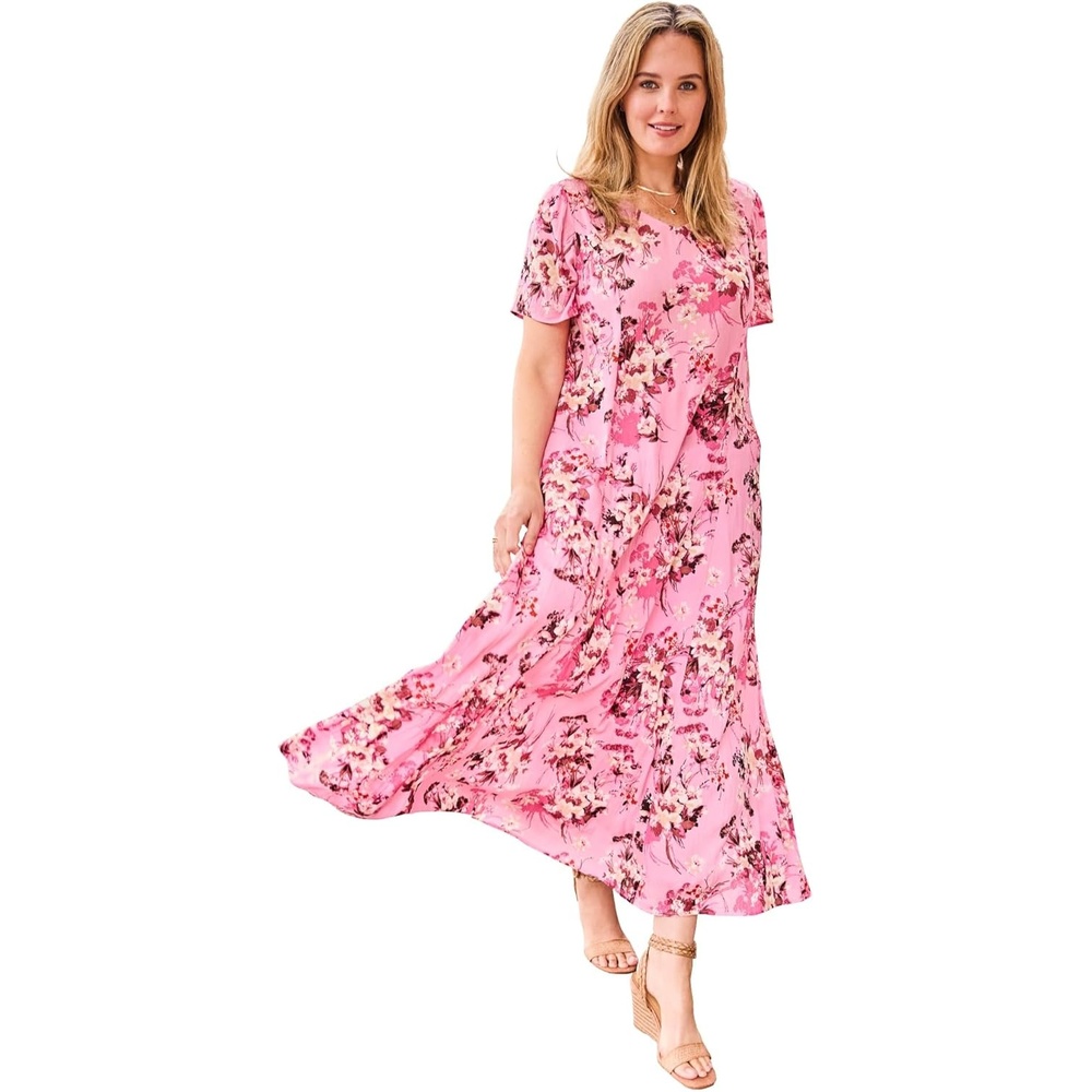 image:imageWoman Within Plus Size Printed ShortSleeve Crinkle Maxi DressDelicate Pink Sweet Toss