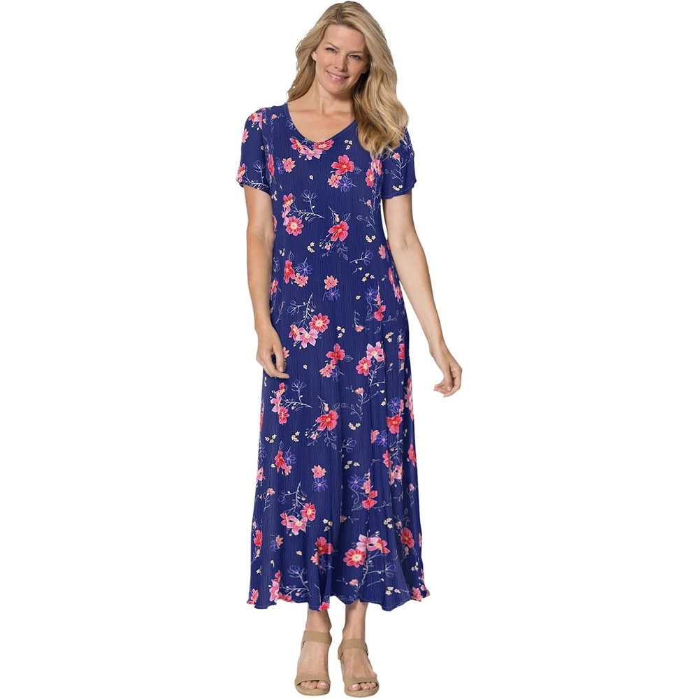 image:imageWoman Within Plus Size Printed ShortSleeve Crinkle Maxi DressEvening Blue Wild Floral