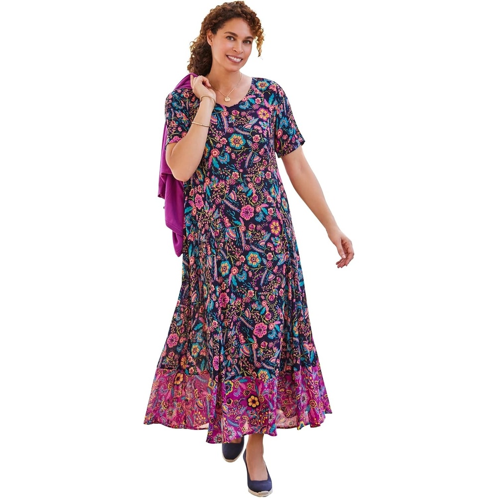 image:imageWoman Within Plus Size Printed ShortSleeve Crinkle Maxi DressNavy Garden Border