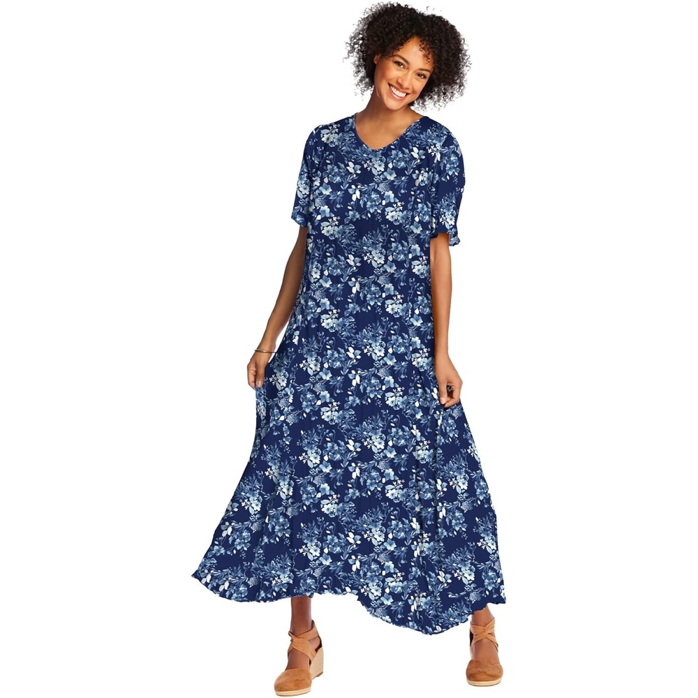 image:imageWoman Within Plus Size Printed ShortSleeve Crinkle Maxi DressNavy Painterly Bouquet
