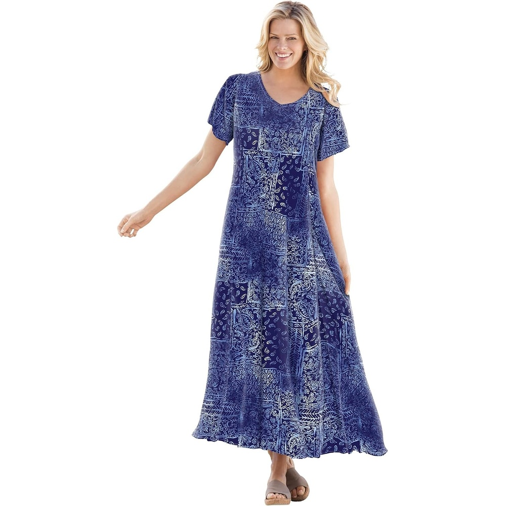 image:imageWoman Within Plus Size Printed ShortSleeve Crinkle Maxi DressNavy Patchwork