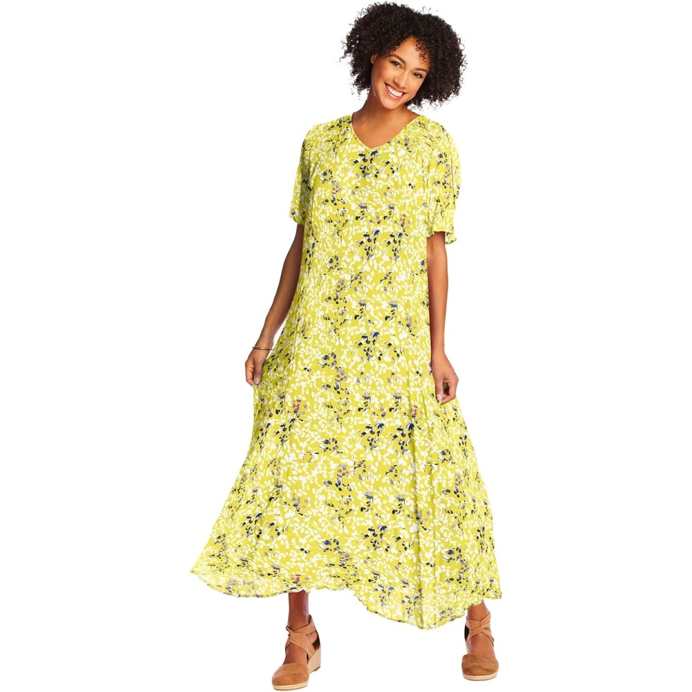 image:imageWoman Within Plus Size Printed ShortSleeve Crinkle Maxi DressPrimrose Yellow Leaf