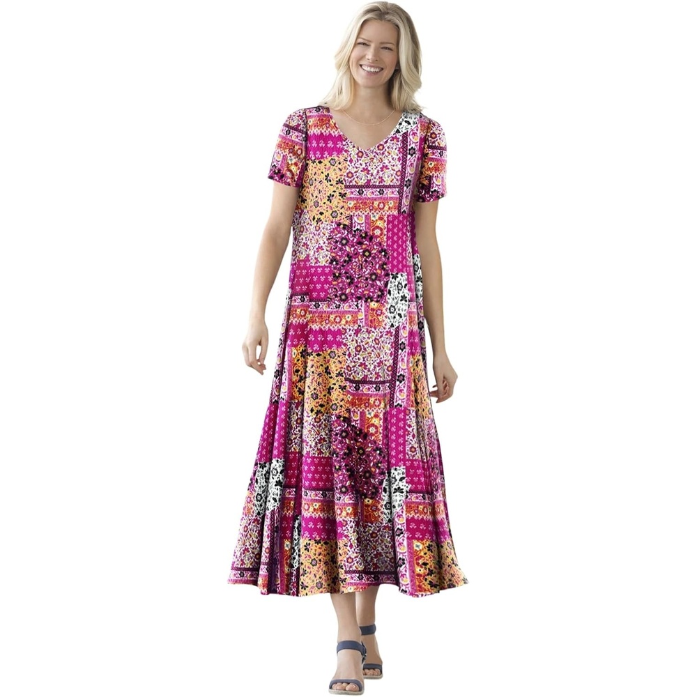image:imageWoman Within Plus Size Printed ShortSleeve Crinkle Maxi DressRaspberry Sorbet Patched Paisley