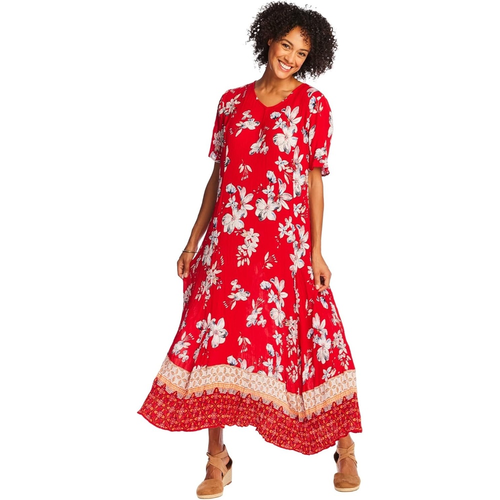 image:imageWoman Within Plus Size Printed ShortSleeve Crinkle Maxi DressVivid Red Bloom Flower