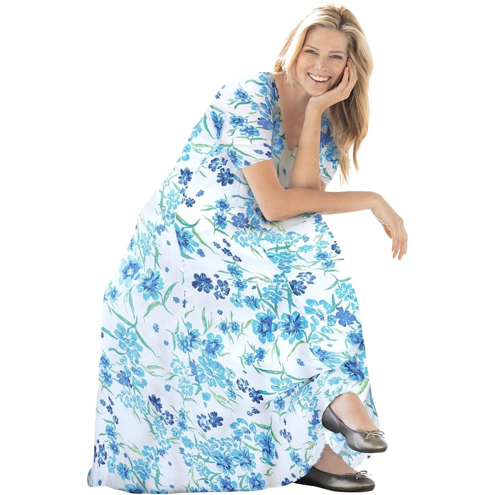 image:imageWoman Within Plus Size Printed ShortSleeve Crinkle Maxi DressWhite Blue Floral