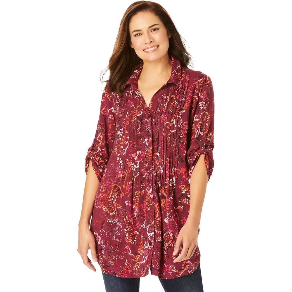 image:imageWoman Within Plus Size Rayon Pintucked Effortless Tunic BlouseDeep Claret Batik