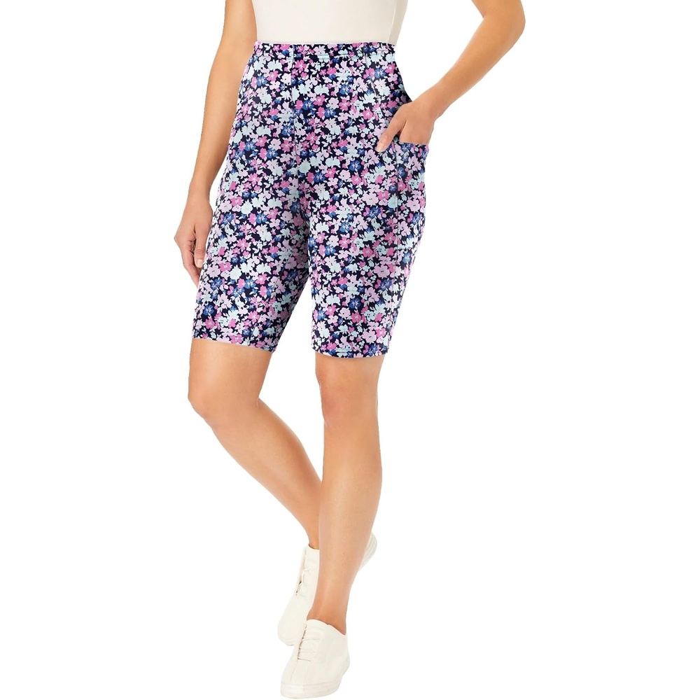 image:imageWoman Within Plus Size Stretch Cotton Pocket Bike ShortNavy Happy Ditsy