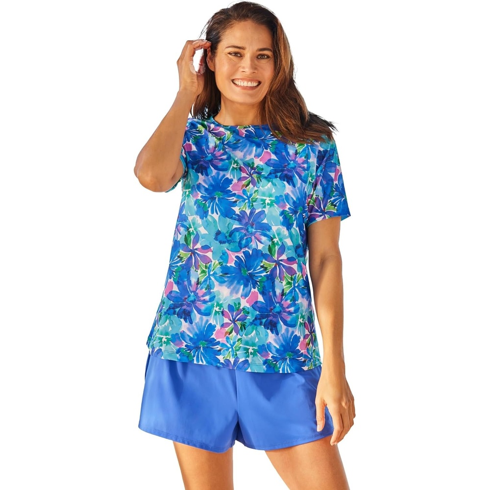image:imageWomens Plus Size CrossBack Swim TeeBlue Watercolor Floral