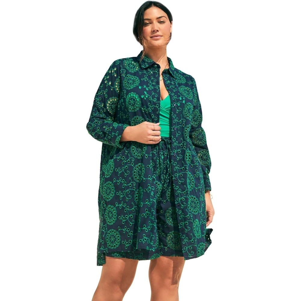 image:imageWomens Plus Size Eyelet CoverUp ShirtNavy Emerald Isles