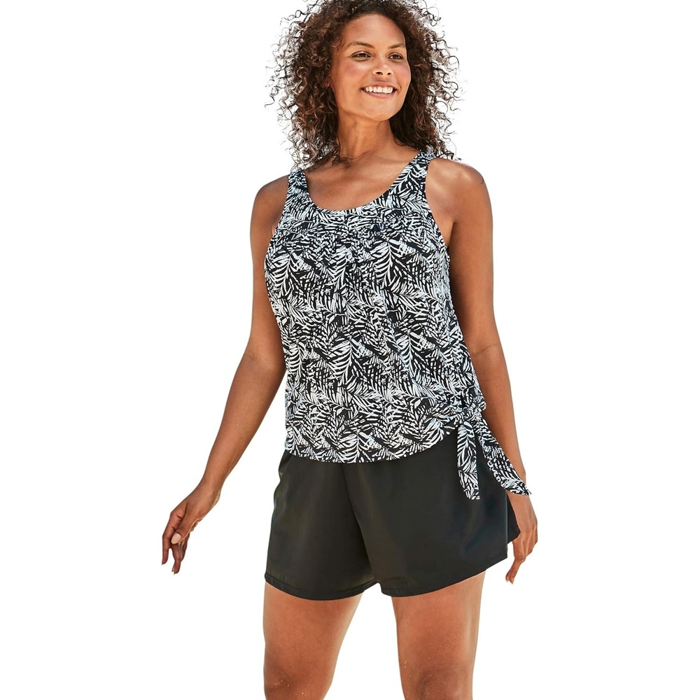 image:imageWomens Plus Size ScoopNeck Blouson Tummy Control TwoPiece Swim SetBlack Palm