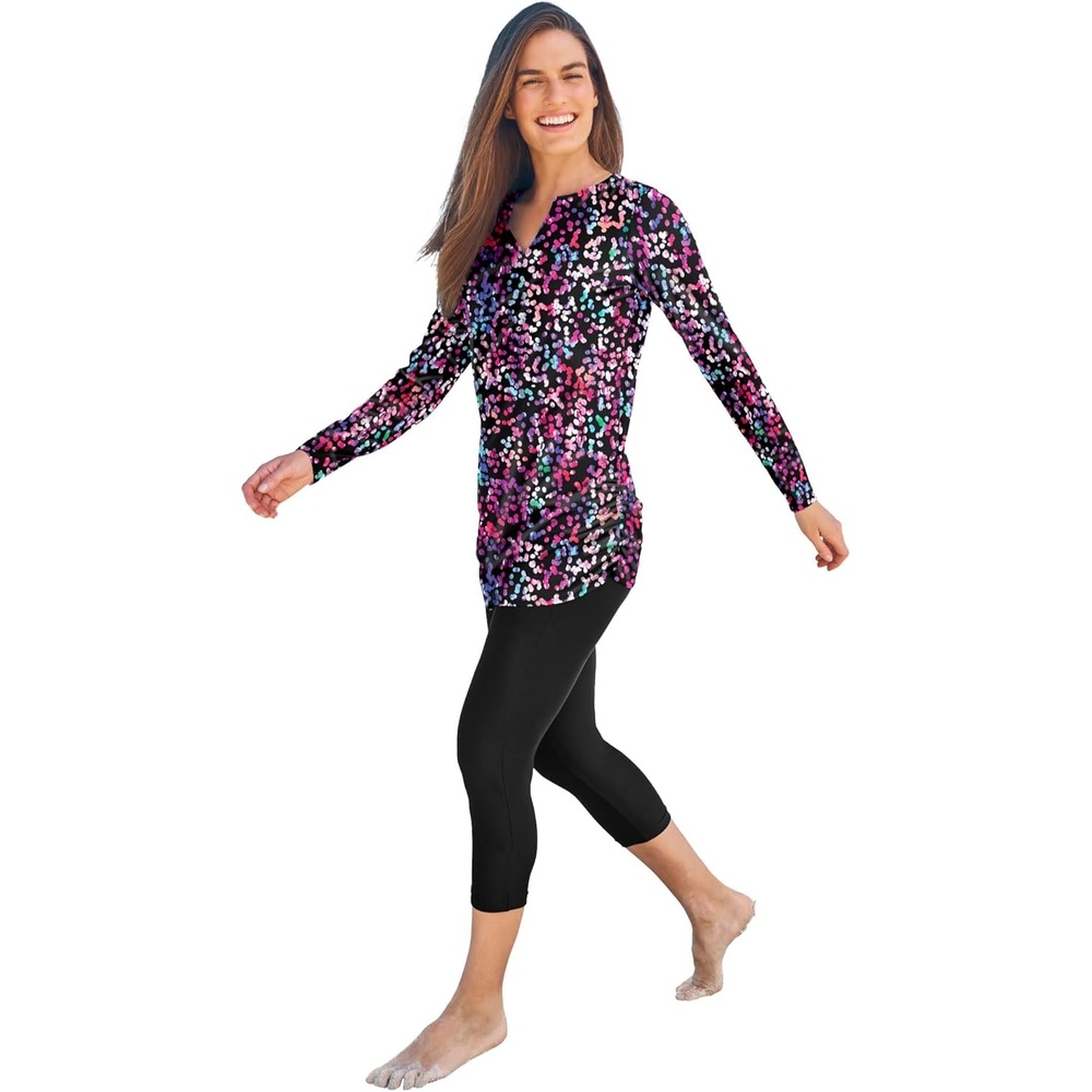 image:imageWomens Plus Size SplitNeck Long Sleeve Swim Tee with Builtin BraParty Multi